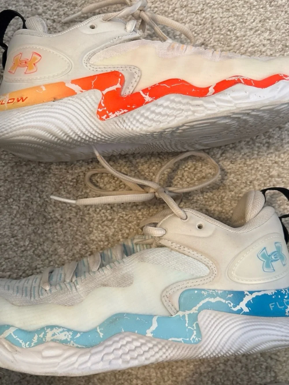 Under Armour Womens White Volleyball Shoes with Blue and Orange Accents